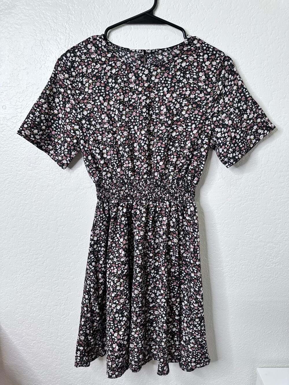 SHEIN Women's Black Pink Ditsy Floral Print Smocked Waist Dress - S